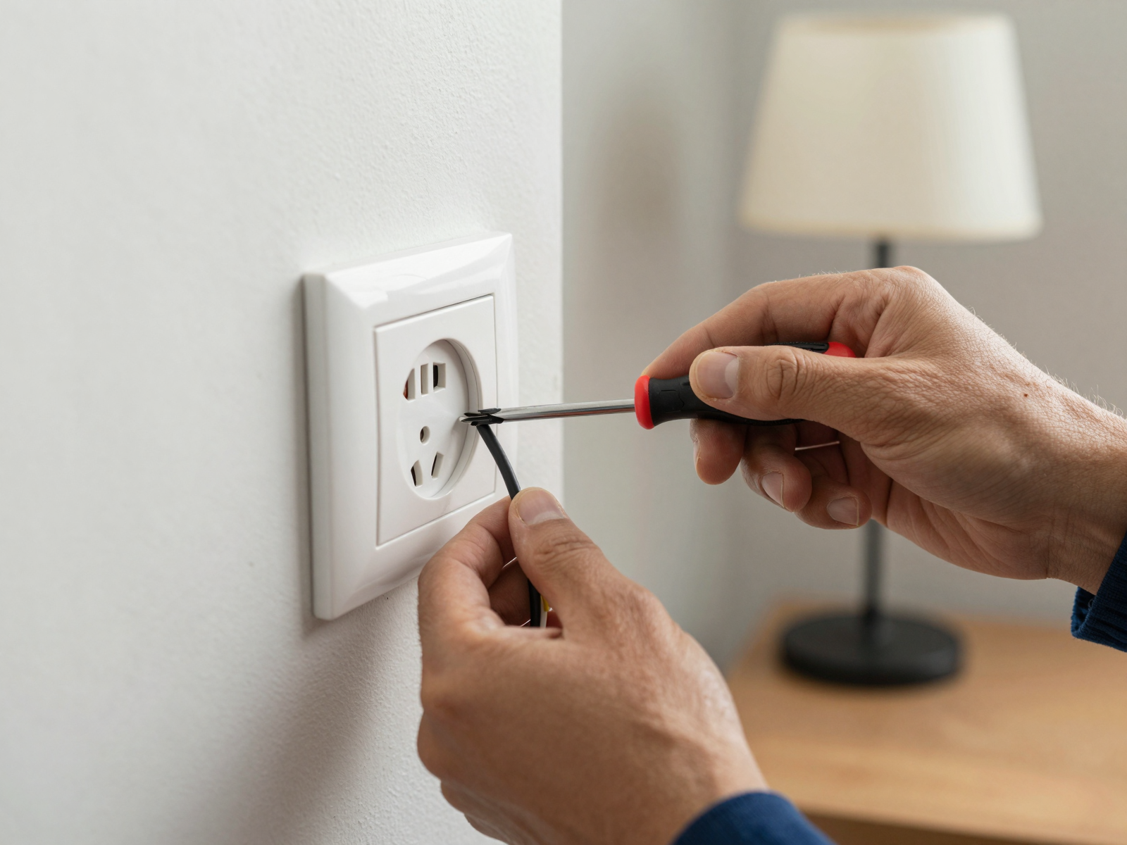 Electrician installing electrical outlet in living room