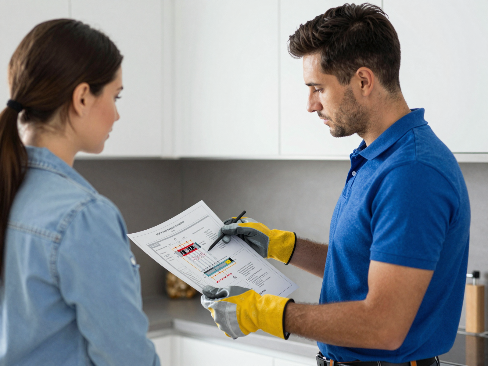 Electrician consulting with homeowner about electrical system